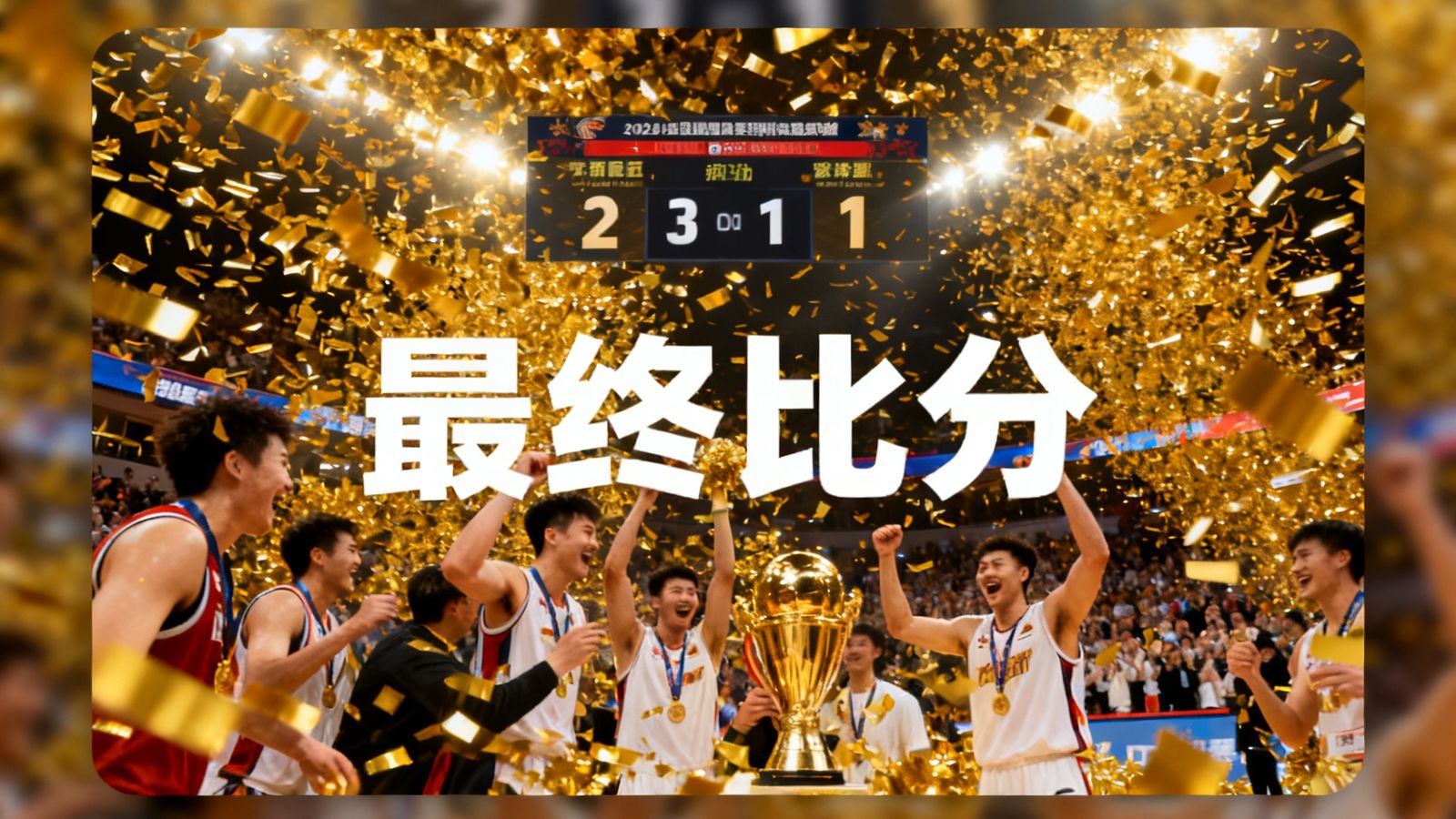欧冠决赛全场集锦视频缩略图，画面中央是球员庆祝夺冠的瞬间，金色纸屑漫天飞舞，比分牌显示最终比分，整体色调为暖金色